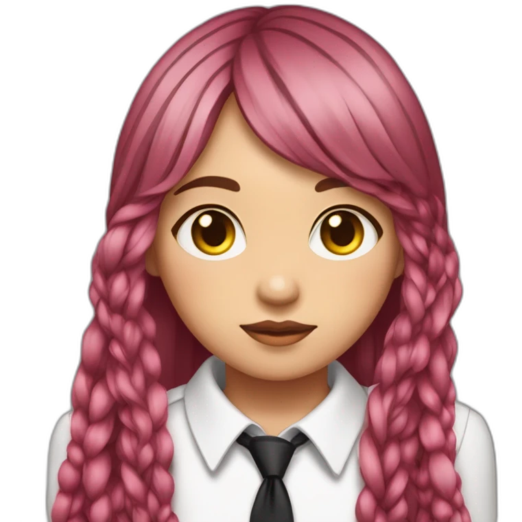 (gril) makima with long straight red or pink hair fringe and braid, yellow eyes with a circle inside and a white shirt with long sleeve and black tie emoji