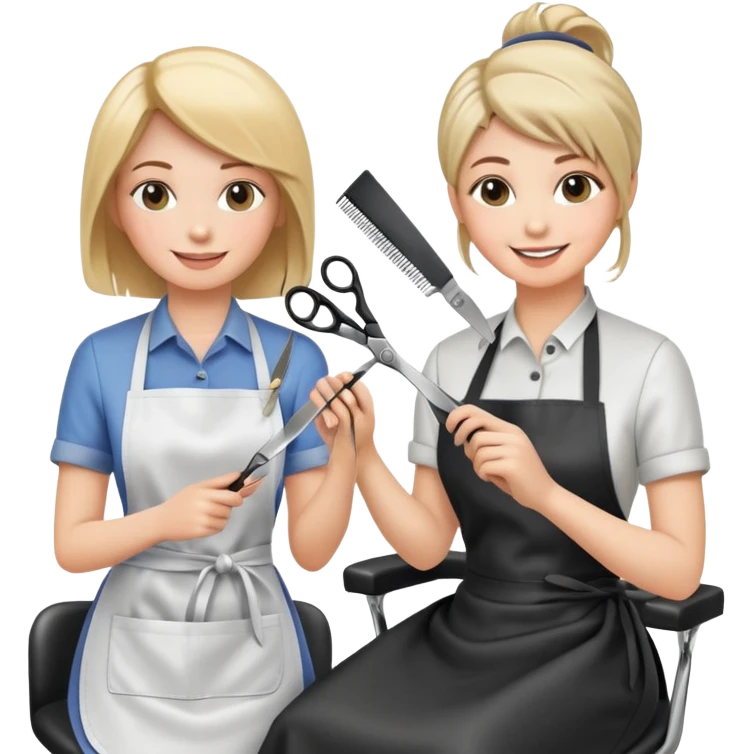 woman getting a haircut from a female hairstylist, both smiling, client sitting in chair with apron, hairstylist standing behind holding scissors emoji