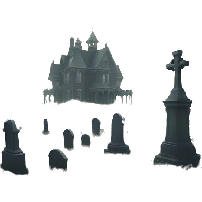 Large overgrown Haunting graveyard field and Victorian mansion at noon, light fog emoji