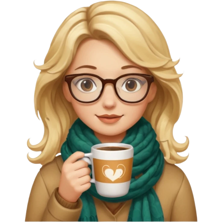 a girl drink with blonde wavy hair, wearing glasses, having scarf, drink coffee emoji