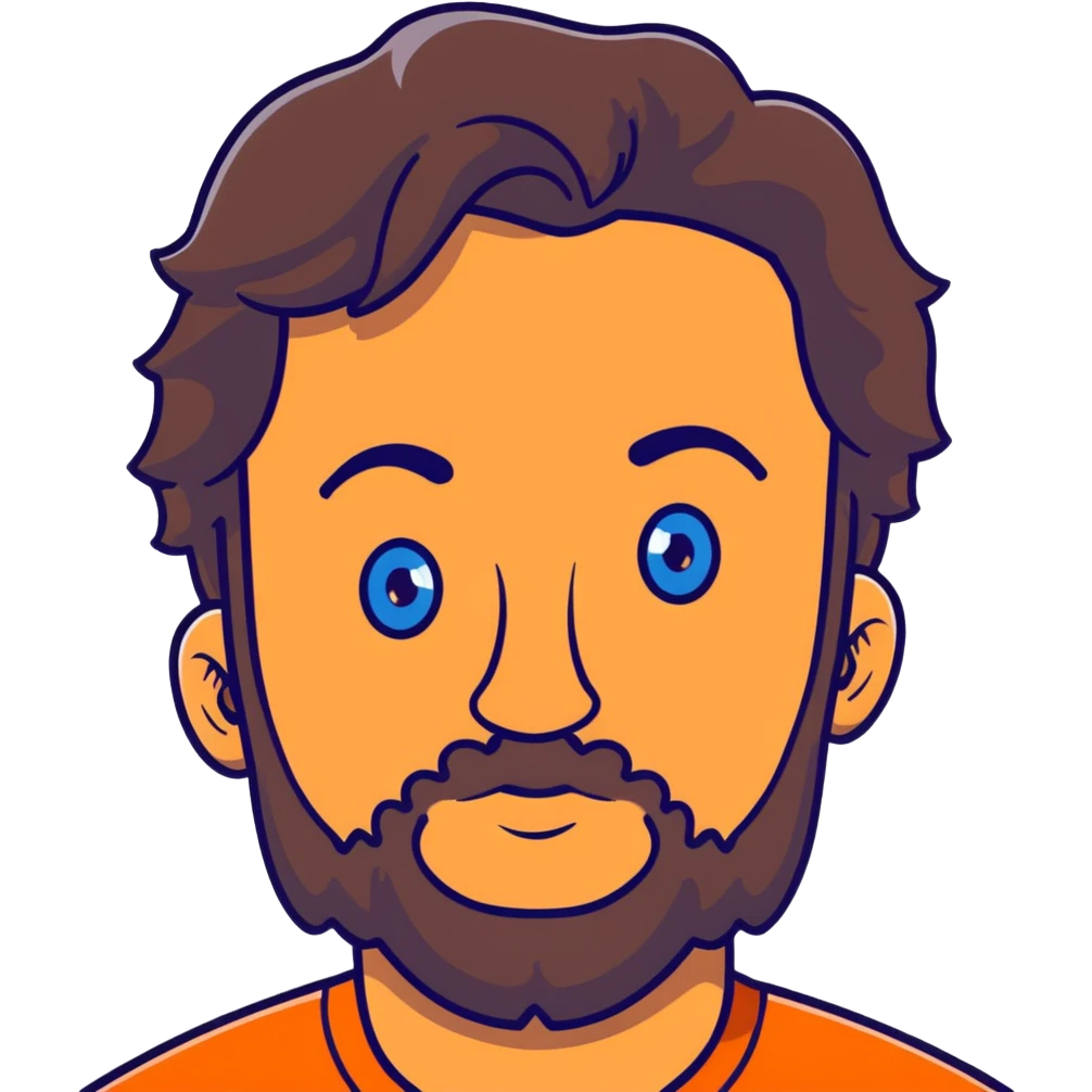 Lebanese man with one blue eye and one brown eye, dark brown longish wavy hair, light beard, closed mouth, kind expression, blue shirt emoji
