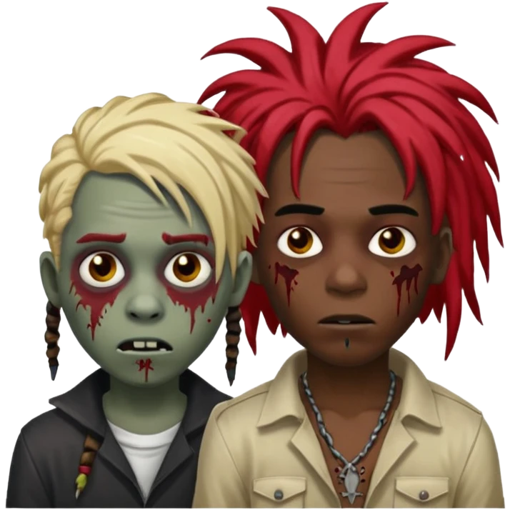 make two zombie boys, preferably black, both with dreadlocks, one with short hair, half blond and half black, and the second with long dreadlocks (up to the shoulder) with red roots and black tips  emoji