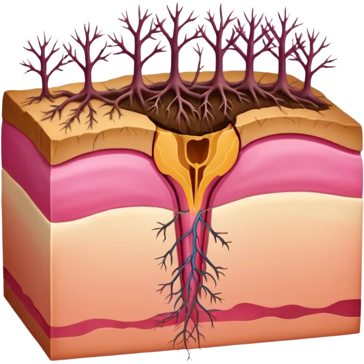 hair follicle cross-section, showing skin layers, root, and growing hair, with pink colors emoji