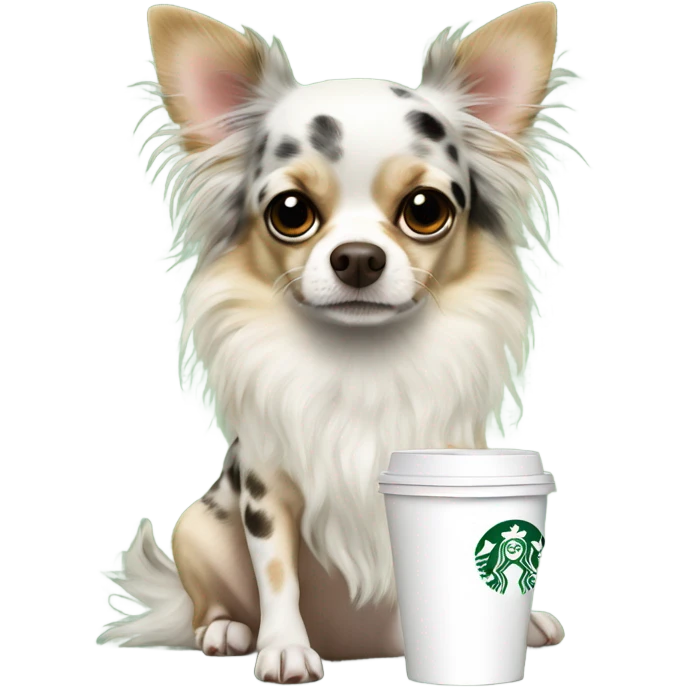 Fluffy spotted Merle long hair chihuahua drinking Starbucks  emoji