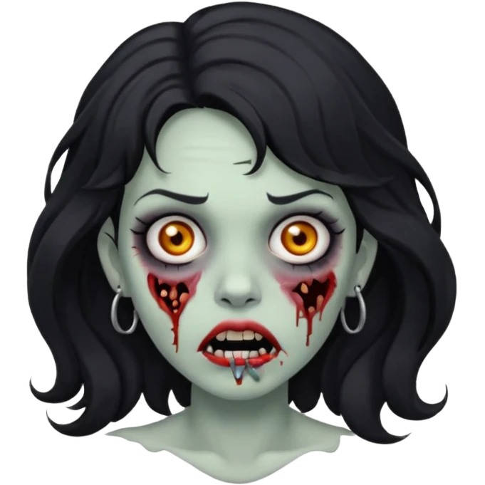 DRAW A ZOMBIE IMAGE OF A WOMAN WITH WAVY BLACK HAIR AND A MOUTH PIERCING emoji