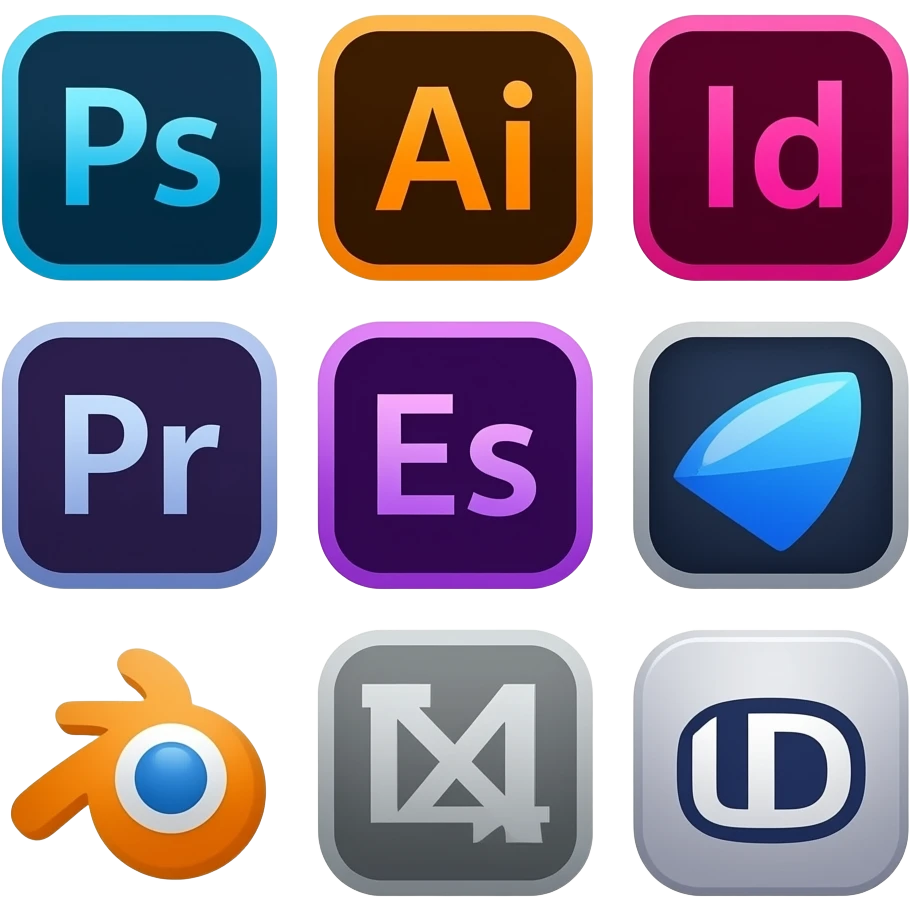 un carre avec l'icone des logiciels suivant: photoshop, illustrator, indesign, premier pro, after effects, davinci resolve, blender, cinema 4D emoji