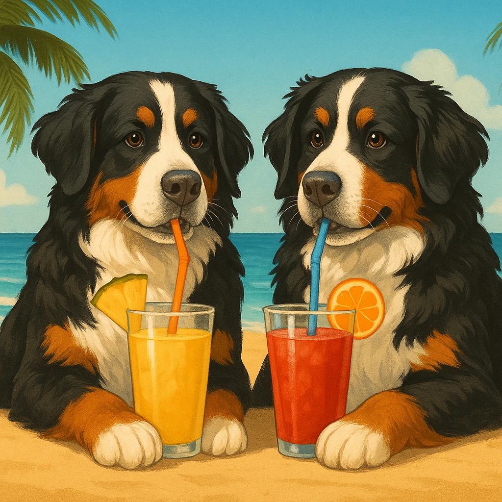 two Bernese mountain dogs sipping tropical drinks together, wide scene, 1950x640 emoji