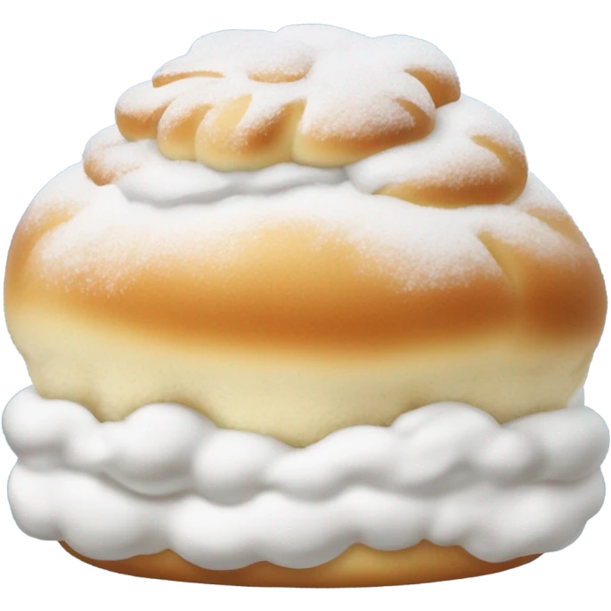 a bun with lots of whippd cream in the middle and dusted sugar on top emoji