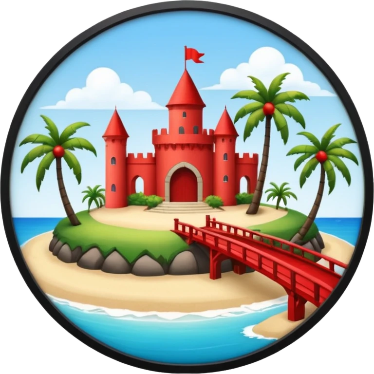 a circular island with a modern chateau, a beach with palm trees in front. also, a red bridge behind.  emoji