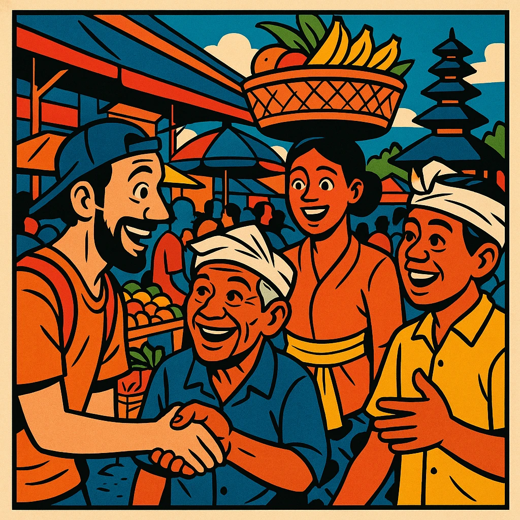 comic book panel of a Bali nomad meeting friendly locals at a bustling Balinese market, expressive faces, comic book style, vibrant colors, lively atmosphere emoji