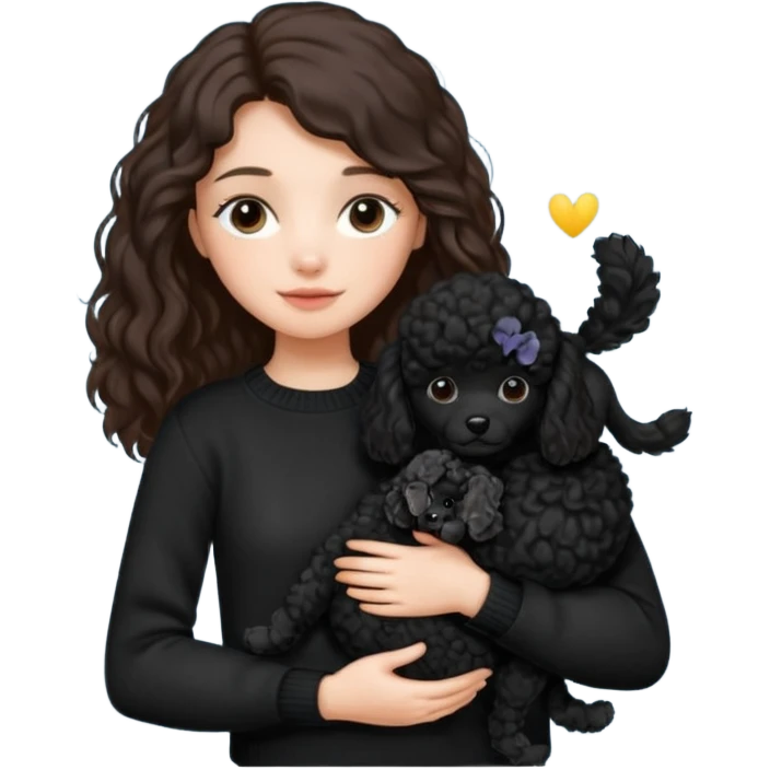 One Brunette girl with long hair in a black sweater holds a single black Poodle puppy in her arms emoji