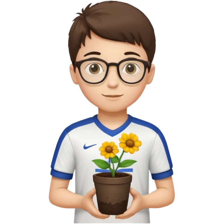 young boy wearing glasses, wearing soccer uniform, holding a flower pot emoji