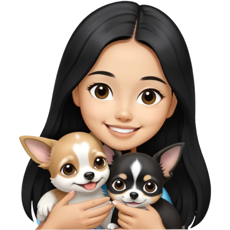 Smiling Thai girl with long black hair petting a tiny black and white Chihuahua emoji