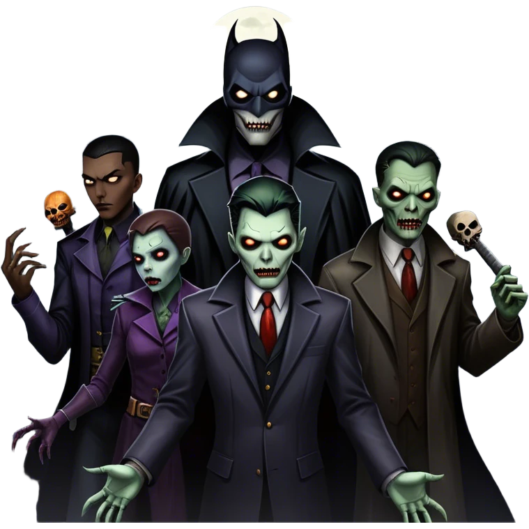 Icon for Thriller Movies: A large, dramatic collage featuring sinister villains and zombies in dark clothing. The background shows the gloomy cityscape of Gotham with dim lighting and eerie shadows. The atmosphere should be tense, mysterious, and suspenseful. Transparent background. emoji