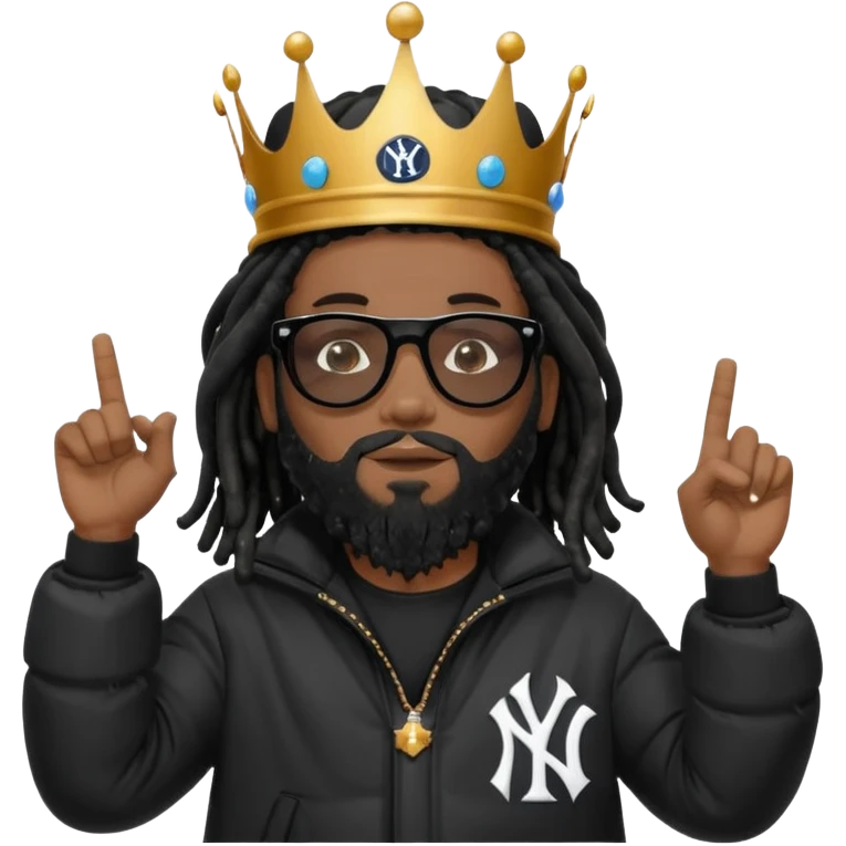 African American man with shoulder length black dreadlocks with black beard wearing black sunglasses wearing Crown on his head wearing a black bubble m New York Yankees logo winter coat pointing up emoji