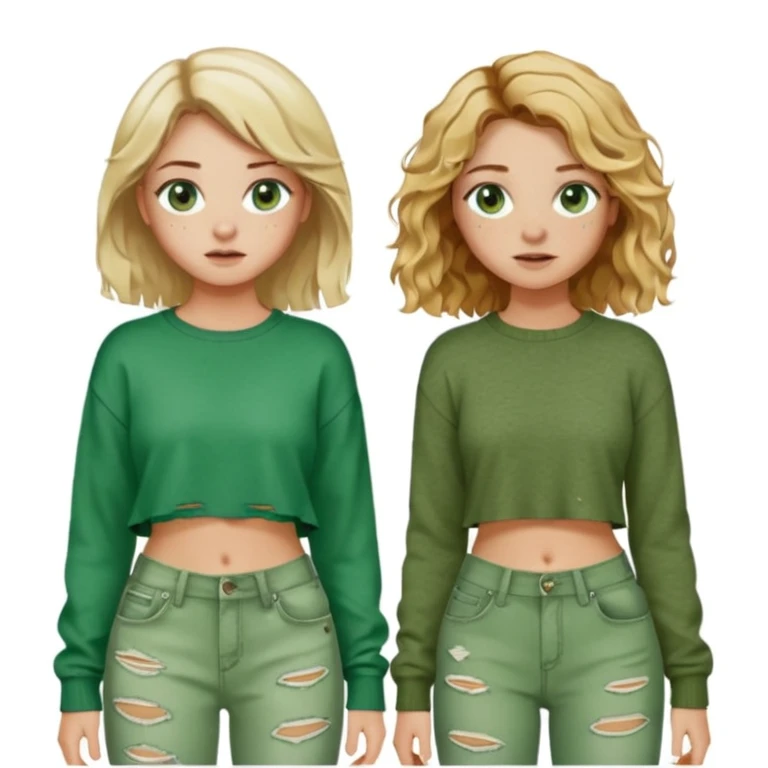 Two girls, both white, one with short wavy blonde hair and green eyes, dressed in punk Y2K fashion and the other with long wavy brown hair, brown eyes, freckles; and cozy green clothes  emoji