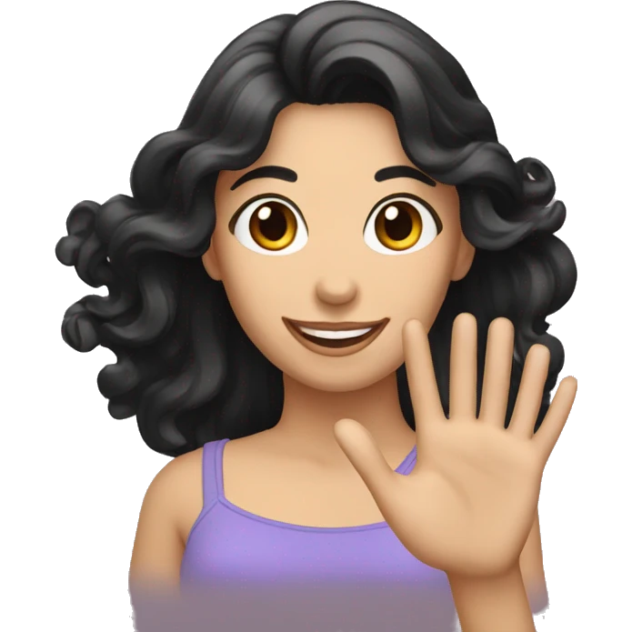 Happy woman with black hairs wave hand emoji