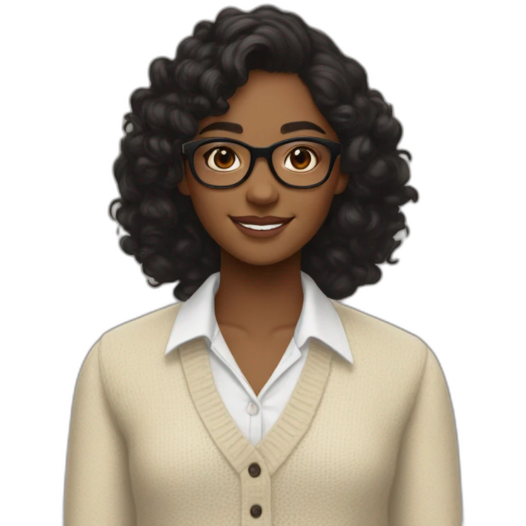 smiling dark skin indian teenage girl with black curly hair and glasses wearing a collared long sleeve white shirt under a beige v shaped collar sweatervest with no buttons emoji