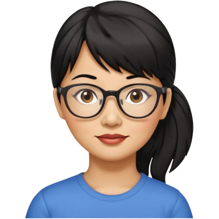 filipino woman black hair in one pony tail with straight bangs and big glasses, 50 yr old emoji