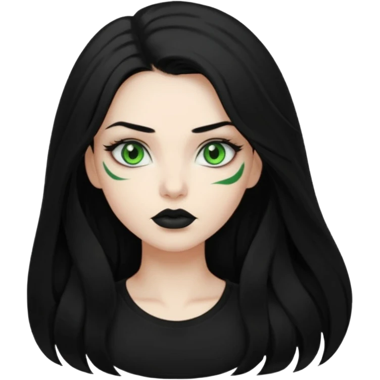 Black haired woman, green eyes, black lipstick, white skin, black t shirt, sharp face, long hair emoji