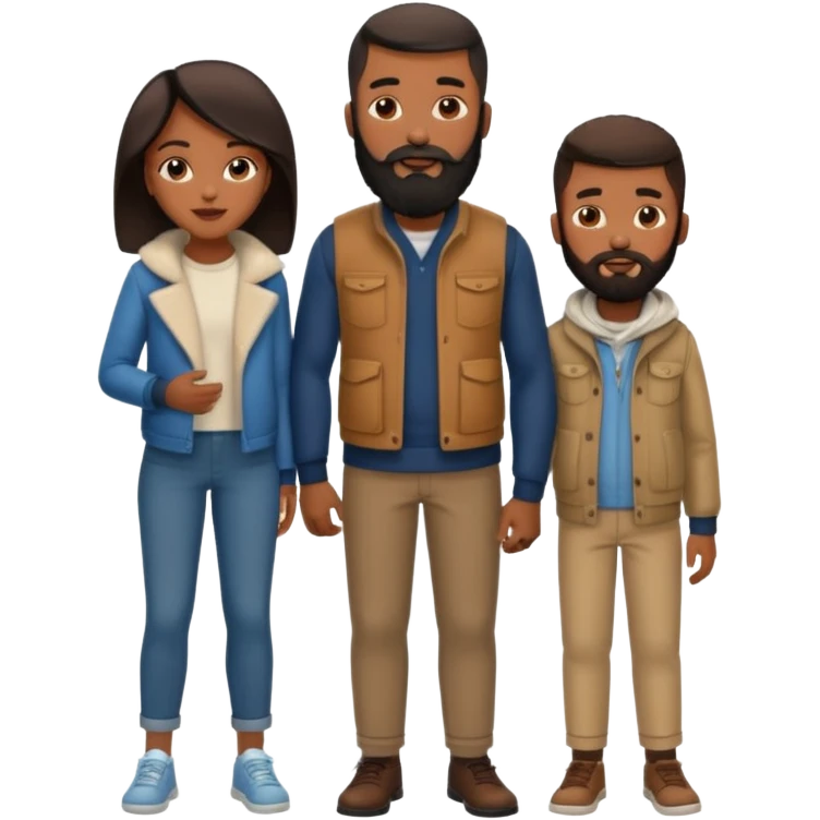 A loving black family of 4, with a mother, a father with a full beard, a son with a no facial hair and daughter, all dressed in urban chic clothing emoji