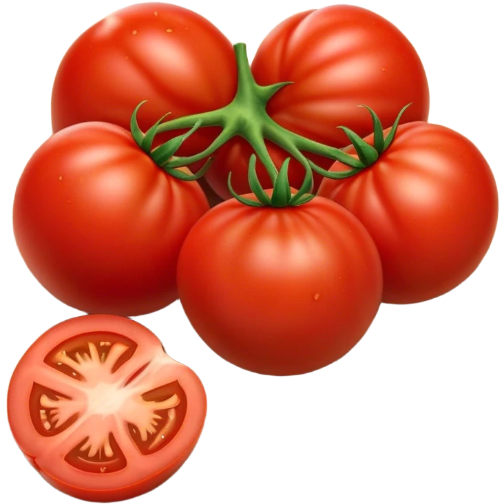 Cinematic juicy ripe tomatoe, deep red, slightly dewy, arranged on a wooden cutting board, soft glowing background, rich and flavorful. emoji