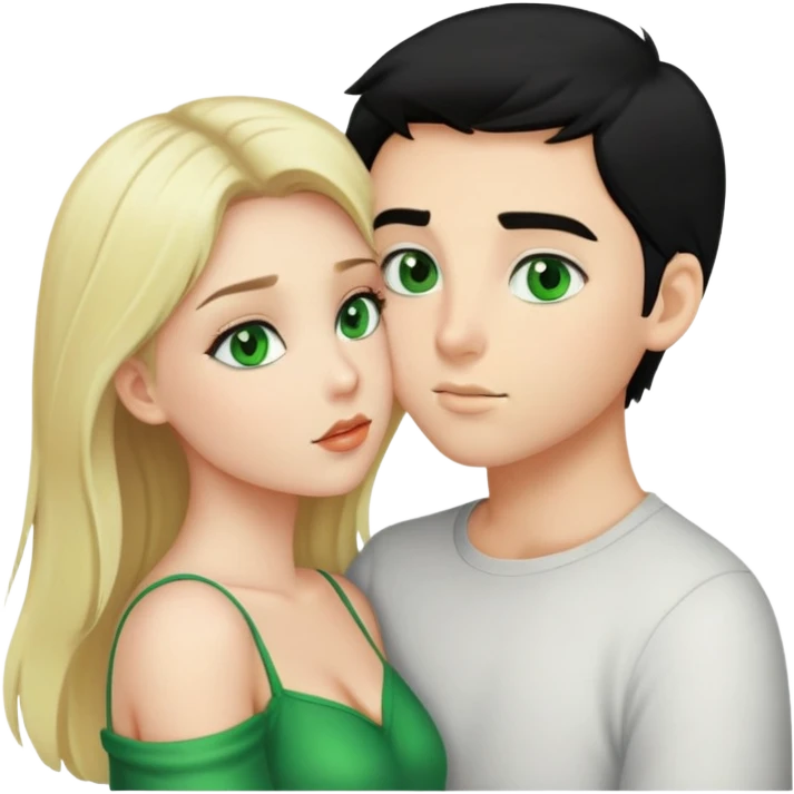 A blonde girl with green eyes kisses a boy with fair skin and black hair with a hairstyle and green eyes emoji