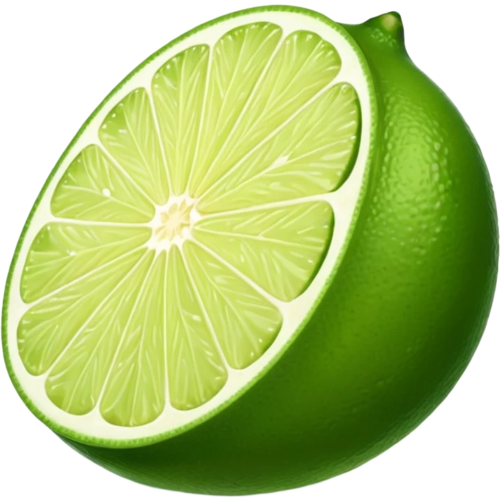 whole lime with smooth glossy green skin slightly oval dimpled shape small wedge cross-section nearby revealing juicy pale green interior radial segments no leaves plate or extras soft lighting subtle shadows emoji scale emoji