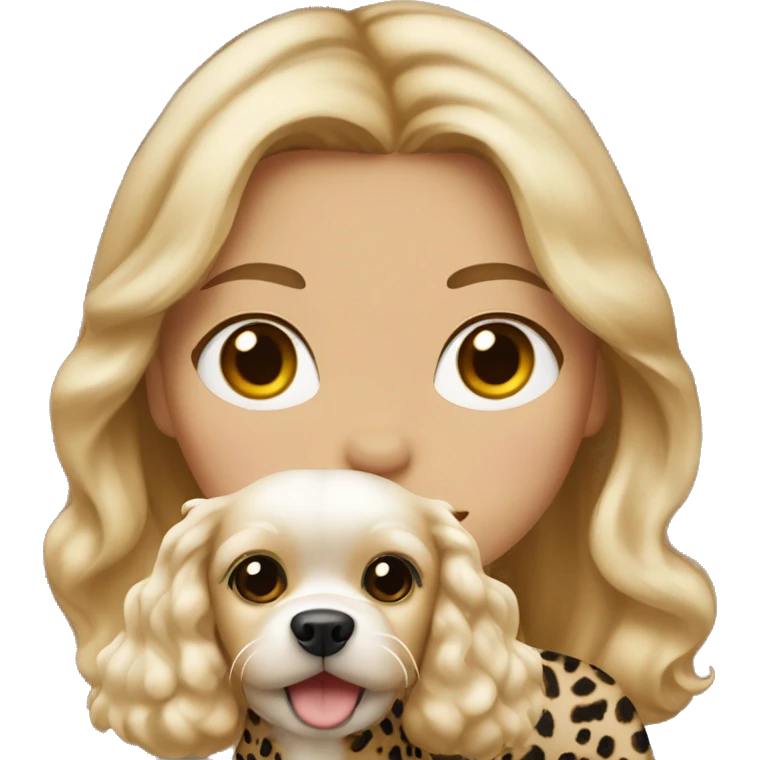 Girl with light skin, blonde waves hair, leopard top hold on Maltese dog emoji