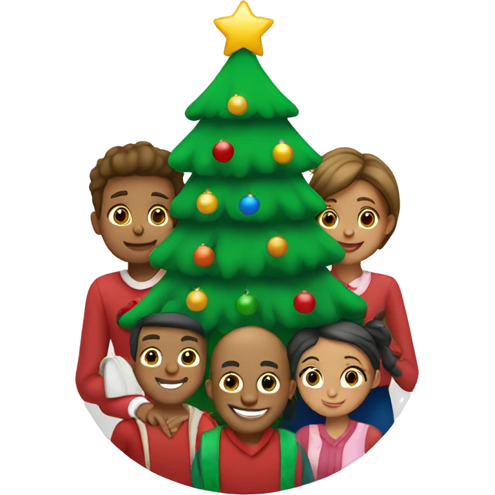 Christmas tree with 5 family members around it emoji