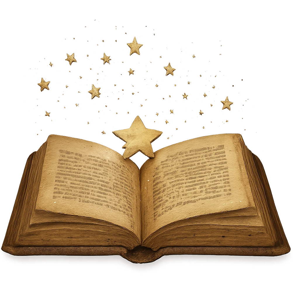 Make the open yellow book with sparkles look old and worn, with a faded cover and vintage details, keeping the background transparent. emoji