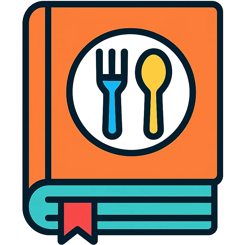 Closed cookbook with a fork and spoon symbol on the cover – collection of recipes emoji