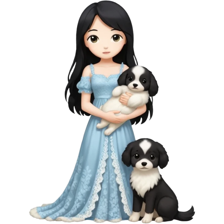 Pastel anime lady long hair with long lace dress full body holding puppy emoji