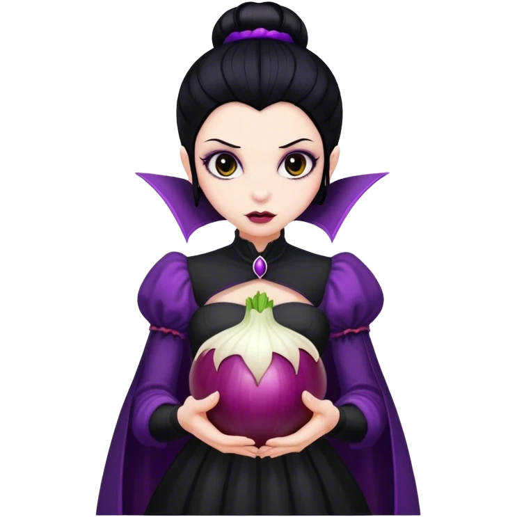 The vampire in black dress, black hair, brown eyes, holding a big violet onion  emoji