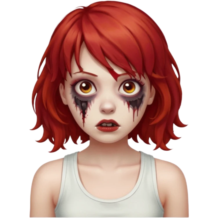 Uma menina de cabelo vermelho com franja, que seja uma zombie, e que esteja vestindo uma regata branca, cabelo médio e liso mais enrolado nas pontas  emoji