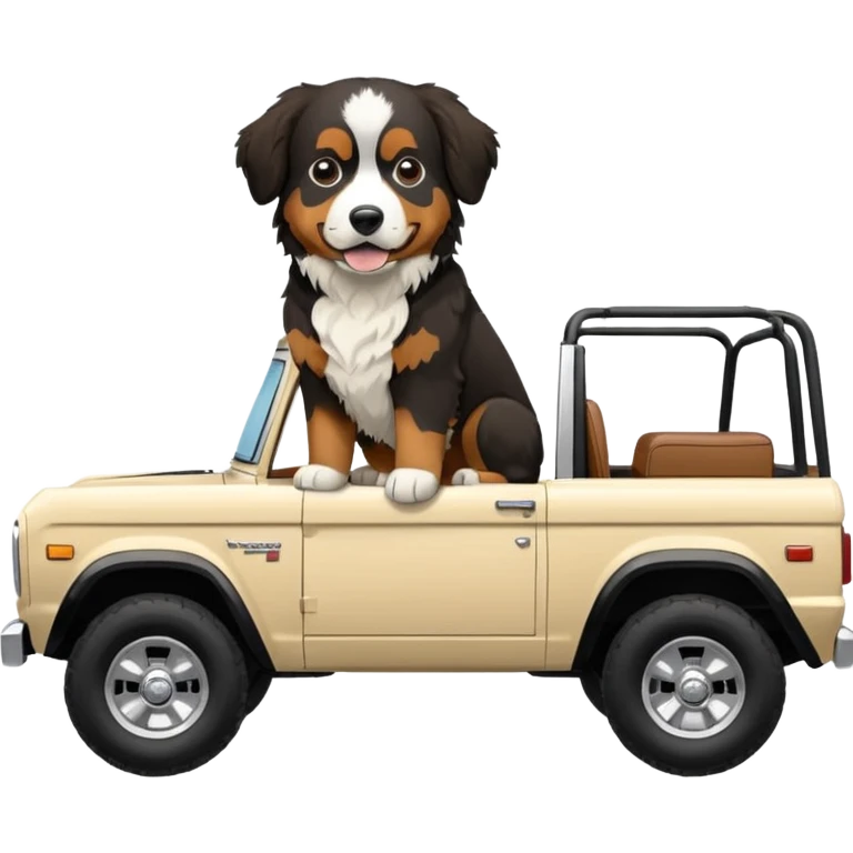 Cream colored ford bronco with no roof and a Bernese mountain dog in the seat emoji