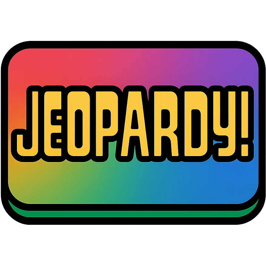 Add more colors to the Jeopardy logo icon, including red, green, and purple accents, while keeping the blue gradient and gold accents. Simple icon style with lineal color and black outlines. emoji