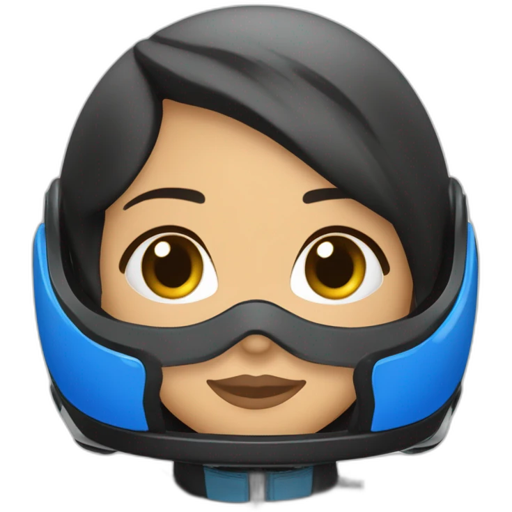 Piloto mulher morena de kart macacão da cor preto com detalhe azul escuro e capacete branco com detalhe azul escuro emoji