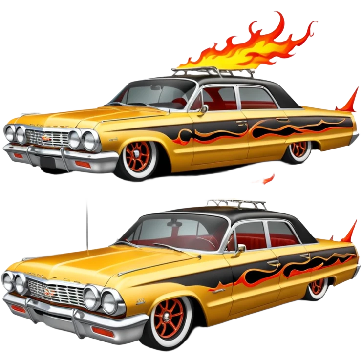 Satans Hot rod custom 1964 impala low rider four door Anubis themed painted hood flaming side-mounted chrome exhaust pipes driving straight to hell  emoji