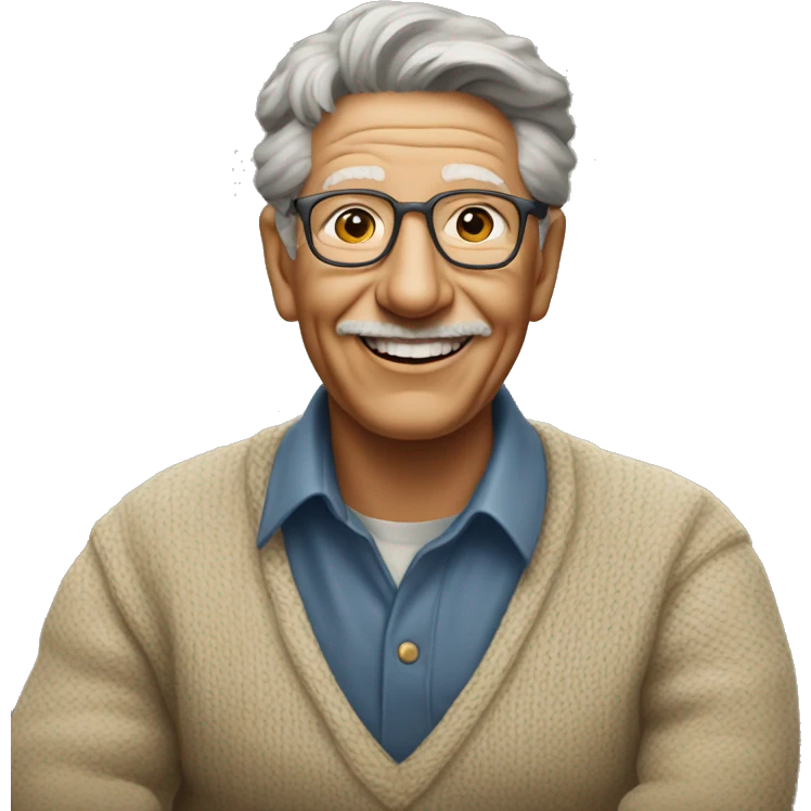 abraham maslow wearing a shirt and sweater and smiling looking at the camera and sitting down emoji