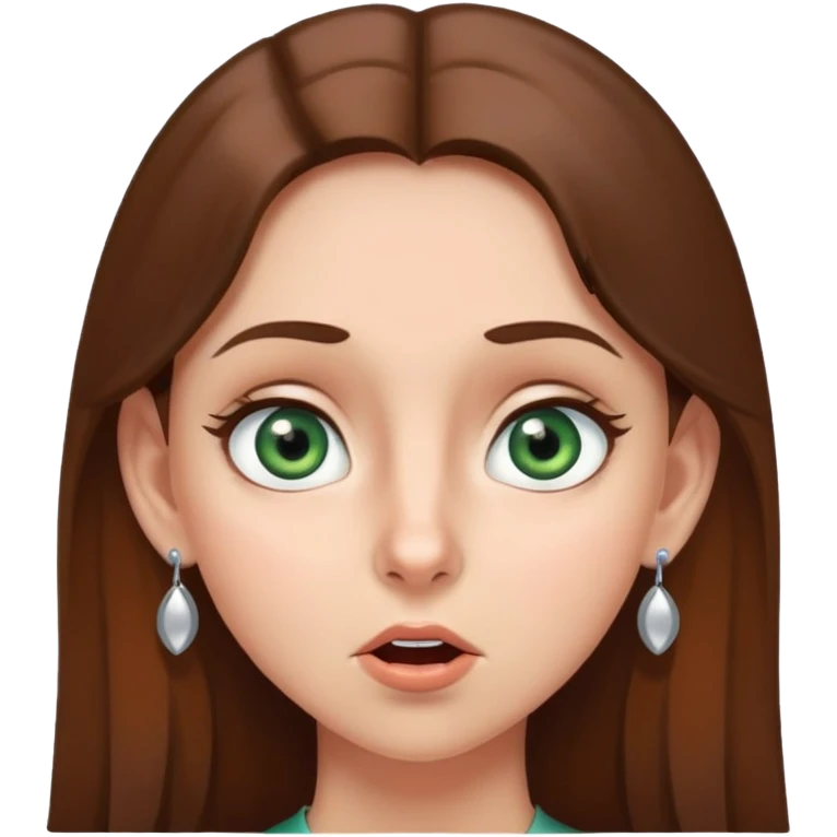 girl with gray-green eyes, brown hair, earrings, mole on cheek, surprised emotion emoji