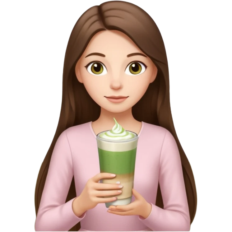white long brunette hair girl with hazel eyes wearing light pink who is holding matcha emoji