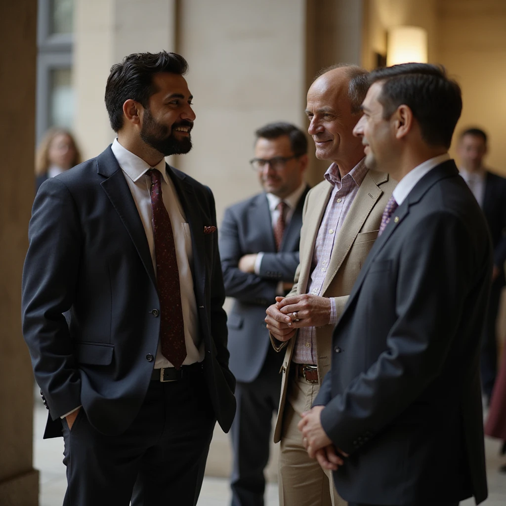 an indian in formal attire standing talking to a group with casual attire emoji