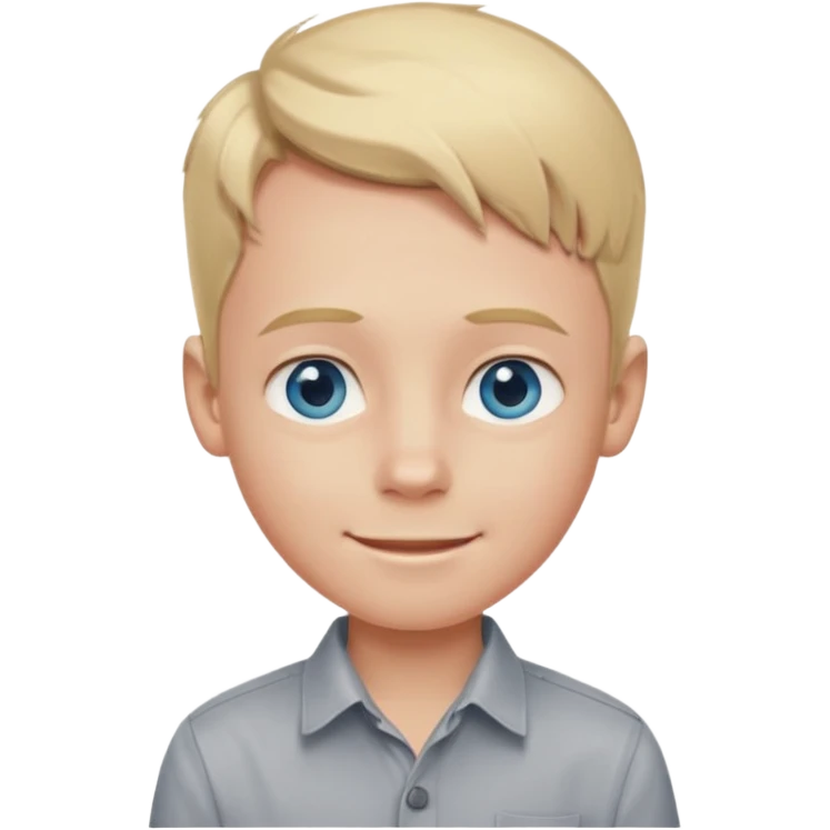 young boy, blond hair, blue eyes, big forehead, pale with slight red from tanning, smiling, in a grey button shirt emoji
