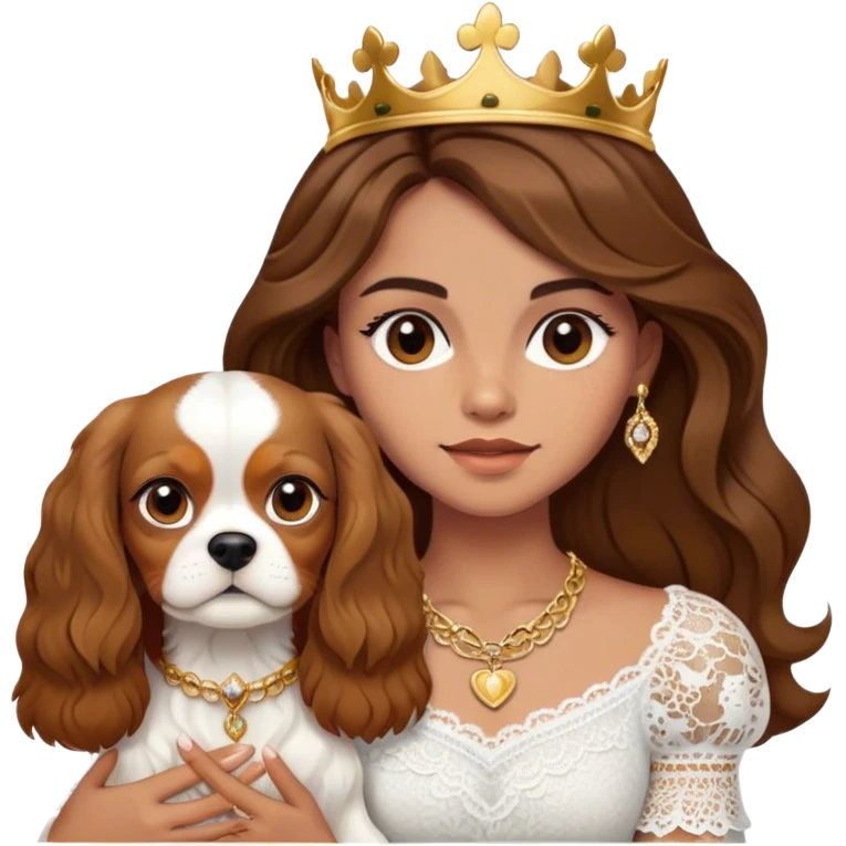 Brown haired slightly tan girl, with straight hair with waves, wearing gold jewelry and a white Lacy top, holding a kings Charles cavalier emoji