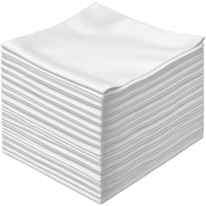 neat stack of soft white paper napkins, square or rectangular, slightly textured edges, faint embossed border, top napkin slightly lifted or curled to suggest flexibility, soft lighting, subtle shadows, emoji scale emoji