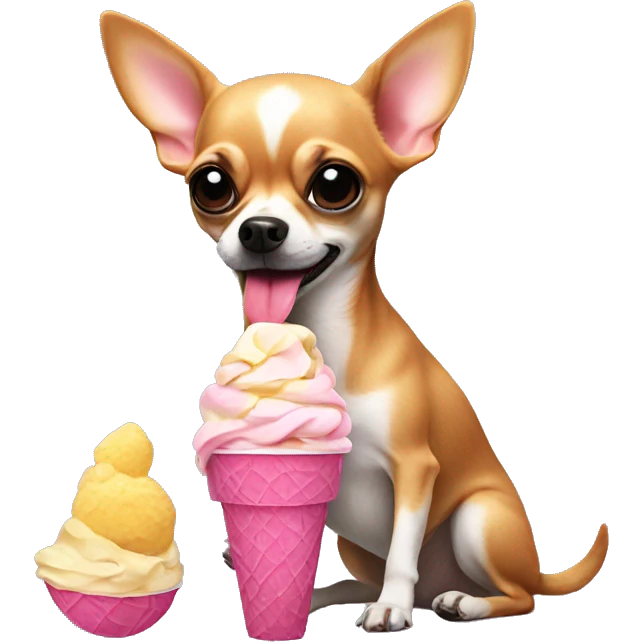 Chihuahua eating ice cream sitting in flamingo emoji