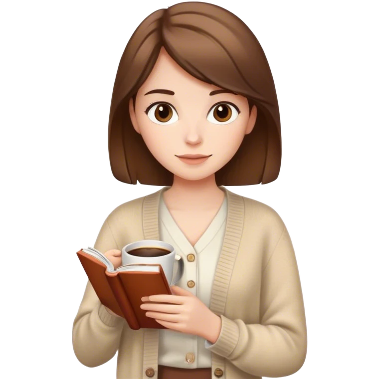 Brown haired and White skin Girl with a beige cárdigan a coffe and reading a book emoji