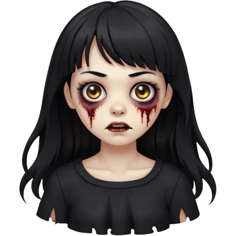 Zombie girl, with bangs above her eyebrows, her dark hair, thin eyebrows. Long hair and Wavy her clothes are black emoji