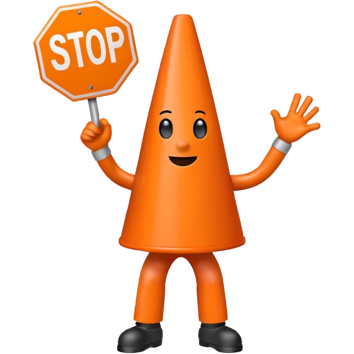 orange traffic cone with three legs dancing with sign in his hand saying “stop ai” emoji